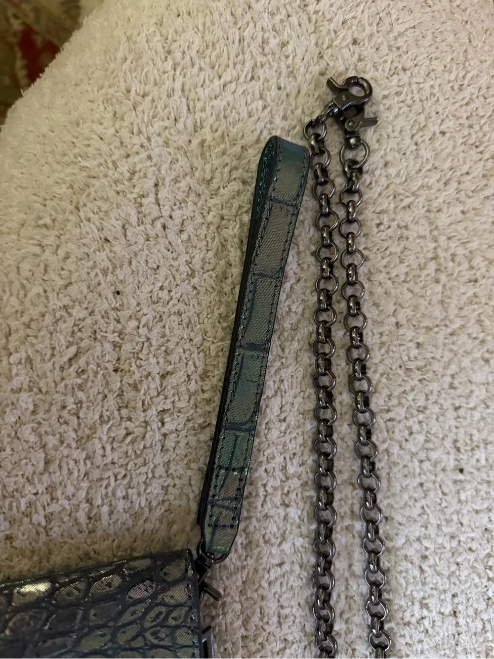 Kelly Wynne Iridescent Green Croc-Embossed Clutch Wallet with strap